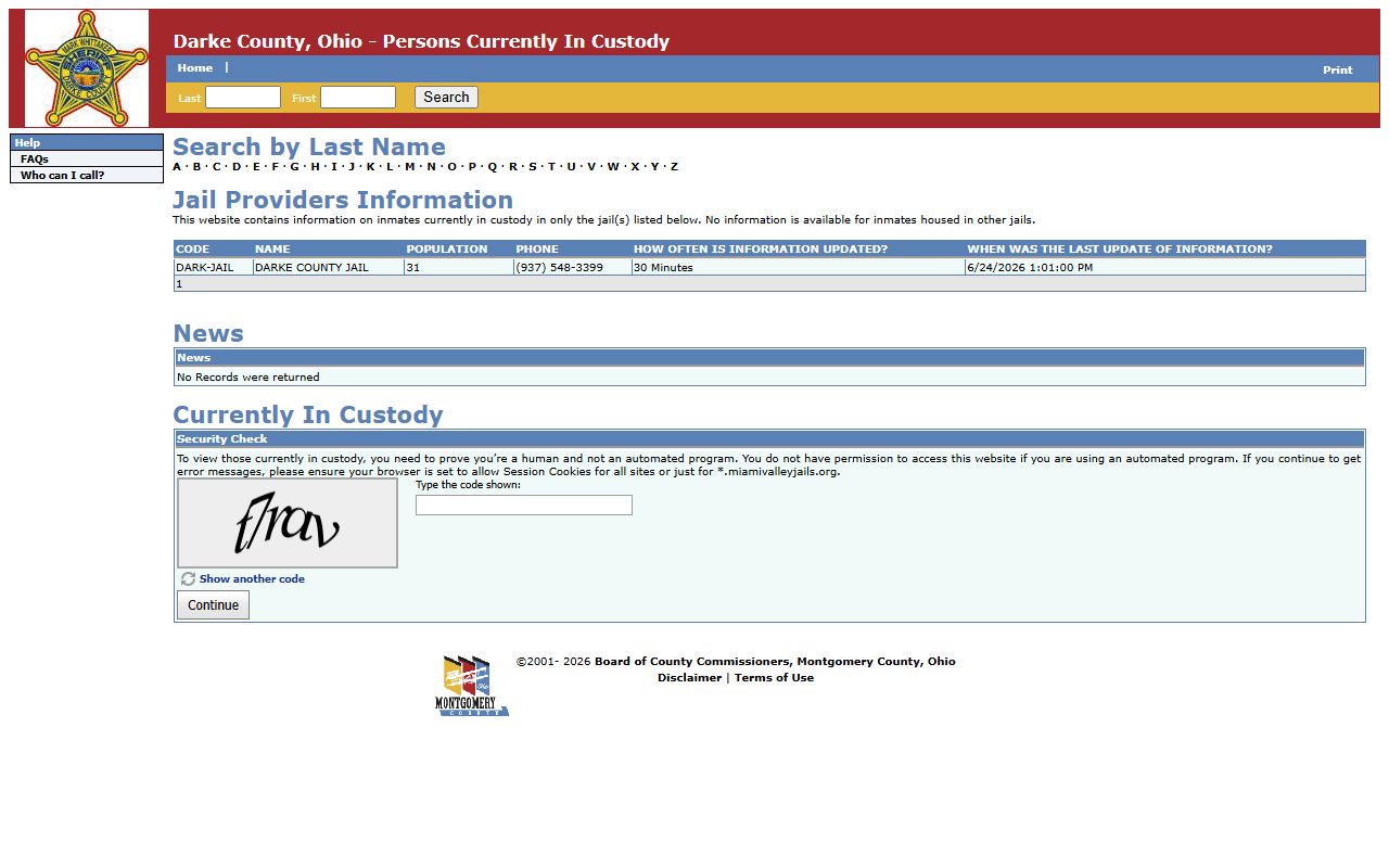 Darke County inmate population current custody roster search interface