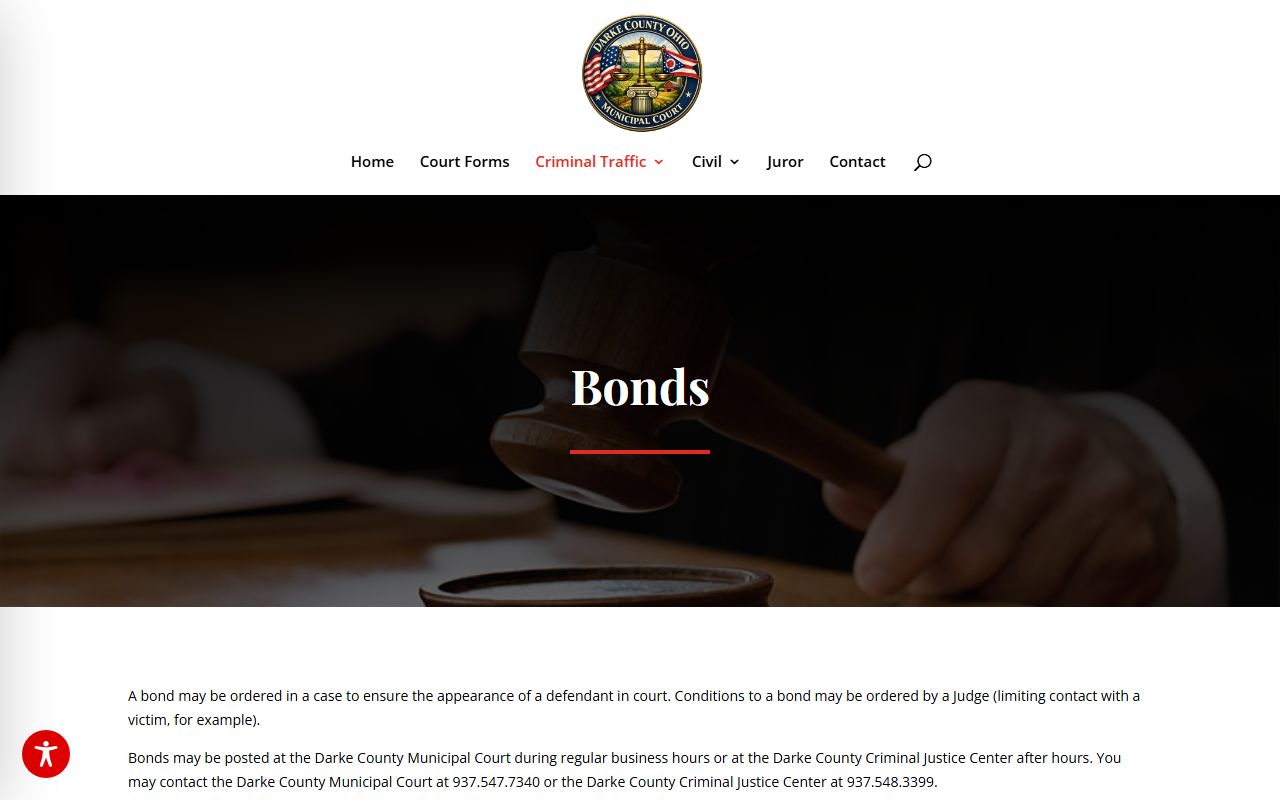 Darke County Municipal Court bonds page with bond types and posting instructions