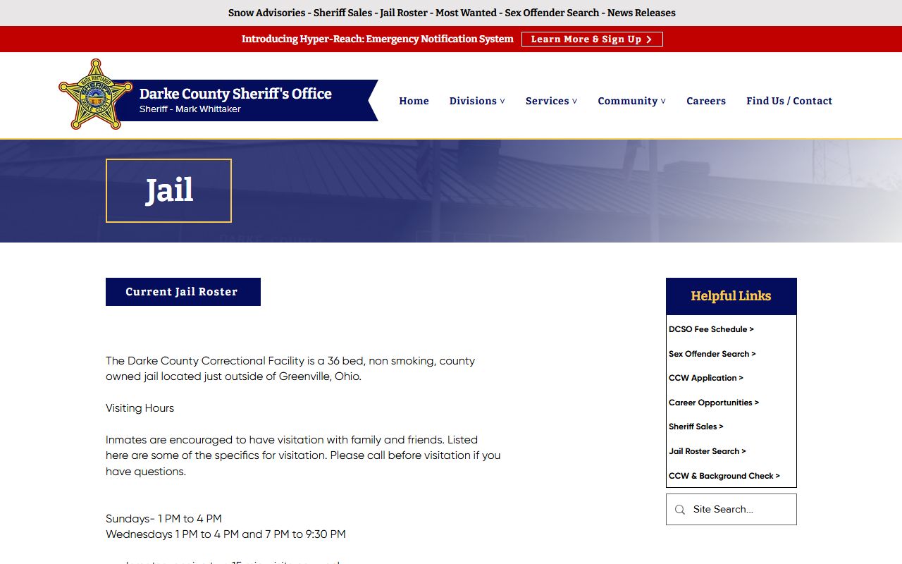 Darke County Correctional Facility jail page with inmate roster and visitation information